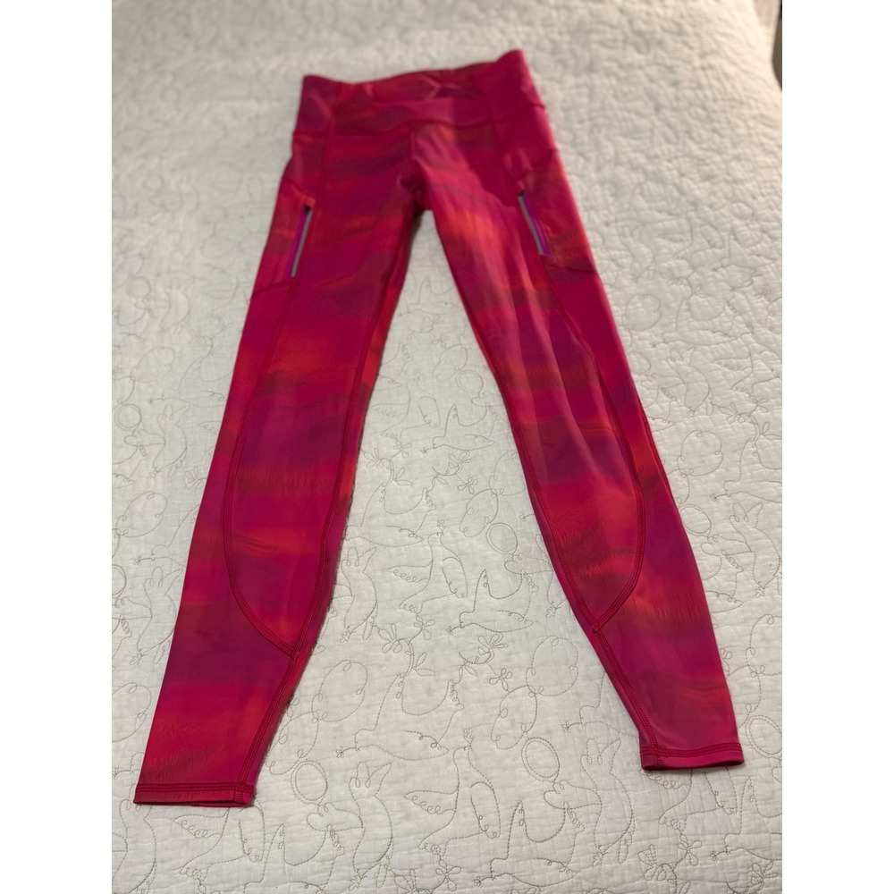Athleta Rainier Printed Tight Leggings XS Pink Red Zip Pocket Run